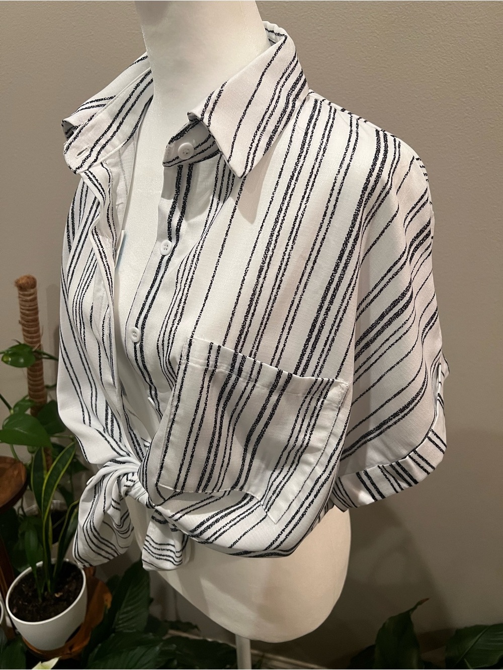 Cupshe White Button-Front Striped Tie-Waist Shirt